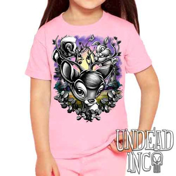 Bambi Woodland Antlers Black & Grey - Kids Unisex PINK Girls and Boys T shirt