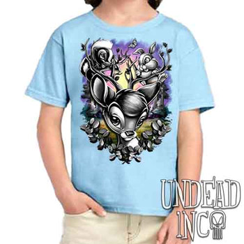 Bambi Woodland Antlers Black & Grey - Kids Unisex BLUE Girls and Boys T shirt