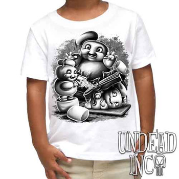 Mini Puft Madness  Black & Grey - Kids Unisex WHITE Girls and Boys T shirt