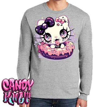 Goth Kitty Donut Kawaii Candy - Men's Long Sleeve GREY Tee