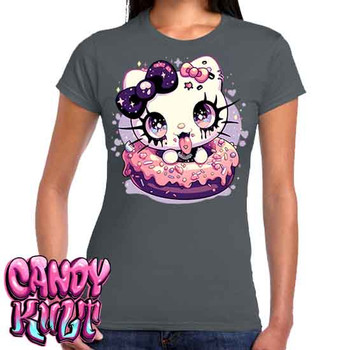 Goth Kitty Donut Kawaii Candy - Women's FITTED CHARCOAL T-Shirt