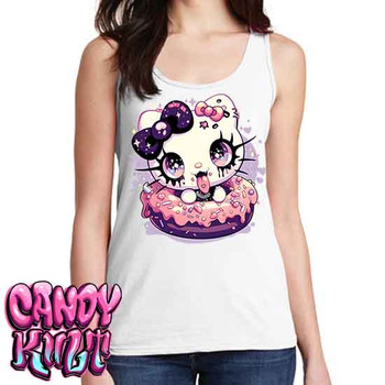 Goth Kitty Donut Kawaii Candy - Ladies WHITE Singlet Tank