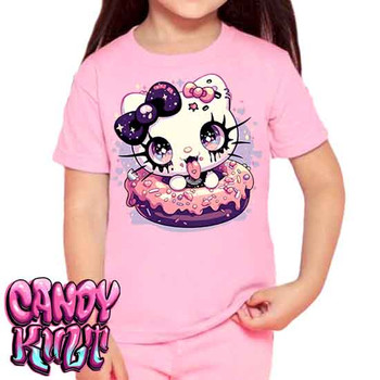 Goth Kitty Donut Kawaii Candy - Kids Unisex PINK Girls and Boys T shirt