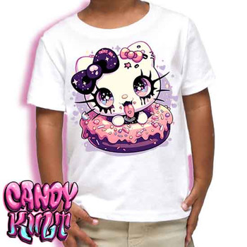 Goth Kitty Donut Kawaii Candy - Kids Unisex WHITE Girls and Boys T shirt