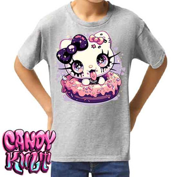 Goth Kitty Donut Kawaii Candy - Kids Unisex GREY Girls and Boys T shirt