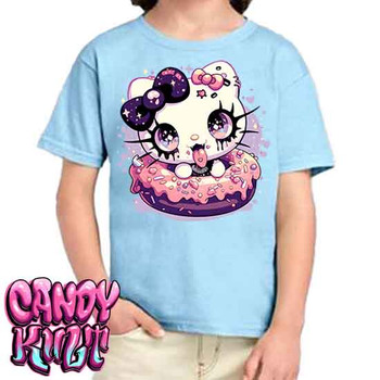 Goth Kitty Donut Kawaii Candy - Kids Unisex BLUE Girls and Boys T shirt