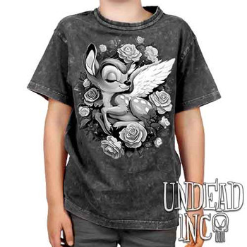 Bambi Cherub Black & Grey - Kids Unisex STONE WASH Girls and Boys T shirt