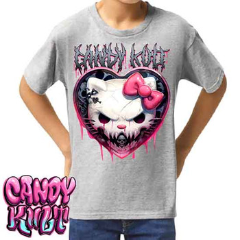 Hardcore Kitty Fright Candy - Kids Unisex GREY Girls and Boys T shirt