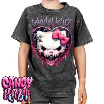 Hardcore Kitty Fright Candy - Kids Unisex STONE WASH Girls and Boys T shirt