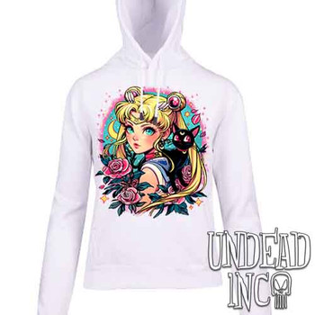 Sailor Moon Tattoo Art - Ladies / Juniors WHITE Fleece Hoodie