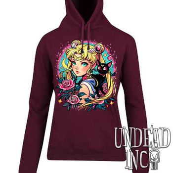 Sailor Scout Tattoo Art - Ladies / Juniors MAROON Fleece Hoodie