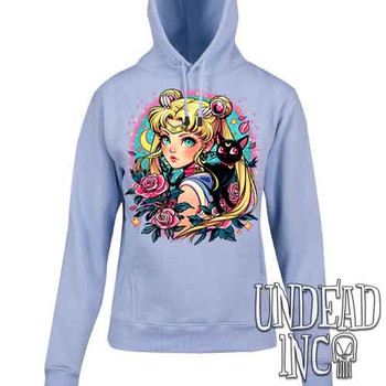 Sailor Moon Tattoo Art - Ladies / Juniors LIGHT BLUE Fleece Hoodie