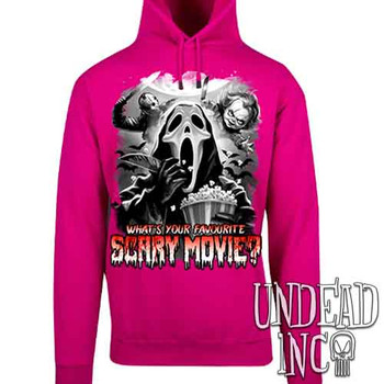 What's your favourite scary movie? Black & Grey - Mens / Unisex HOT PINK Fleece Hoodie