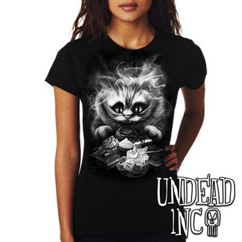 Alice In Wonderland Cheshire Cat  - Ladies T Shirt BLACK GREY