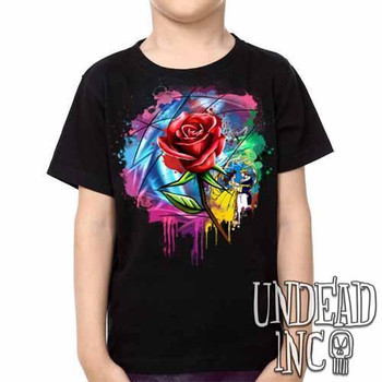 Beauty and the Beast Enchanted Rose Dripping Stained Glass  - Kids Unisex Girls and Boys T shirt