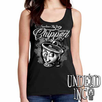 Beauty and the Beast Chip Teacup - Ladies Singlet Tank Black & Grey