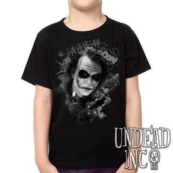 Dc Comics Batman Dark Knight Joker BOOM black grey - Kids Unisex Girls and Boys T shirt Clothing