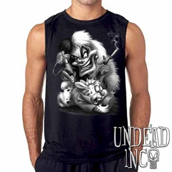 Villains Cruella De Vil Tattooing White Rabbit Black & Grey Mens Sleeveless Shirt