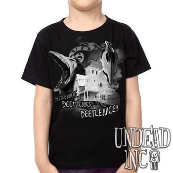 Tim Burton Beetlejuice Haunted House Barbara and Adam Black Grey - Kids Unisex Girls and Boys T shirt Clothing