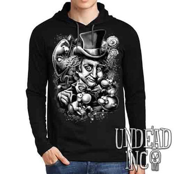 Willy Wonka & The NERDS Factory - Black & Grey Mens Long Sleeve Hooded Shirt