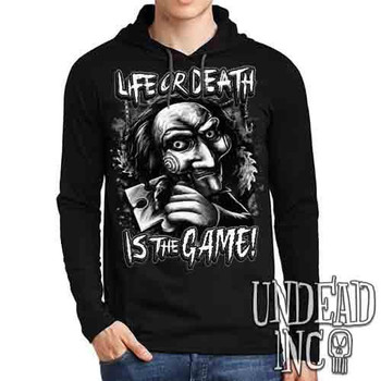 SAW Puppet Life Or Death Black & Grey - Mens Long Sleeve Hooded Shirt