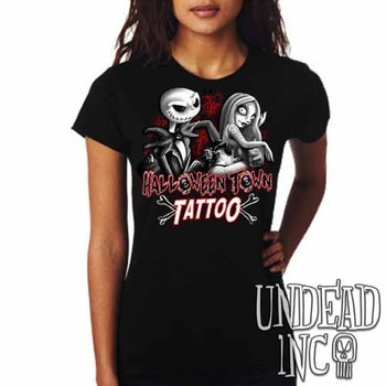 Jack and Sally Halloween Town Tattoo Nightmare Before Christmas - Ladies T Shirt Black Grey