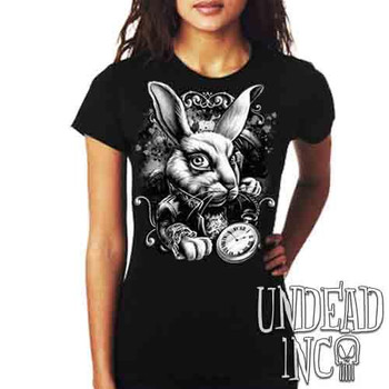 Alice In Wonderland White Rabbit Black & Grey - Ladies T Shirt