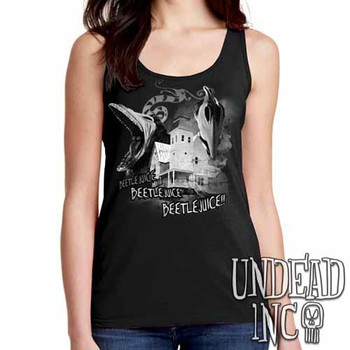 Tim Burton Beetlejuice Haunted House Barbara and Adam - Ladies Singlet Tank - Black Grey