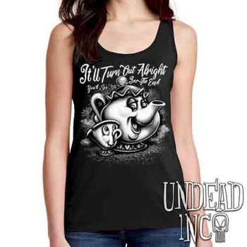 Mrs Potts & Chip It'll Turn Out Alright Black & Grey - Ladies Singlet Tank