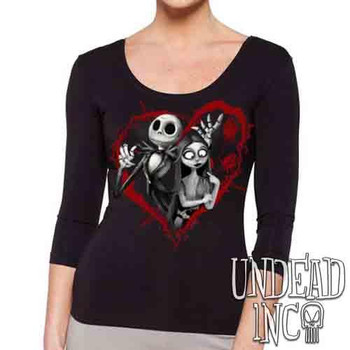 Nightmare Before Christmas Jack and Sally Black & Grey - Ladies 3/4 Long Sleeve Tee