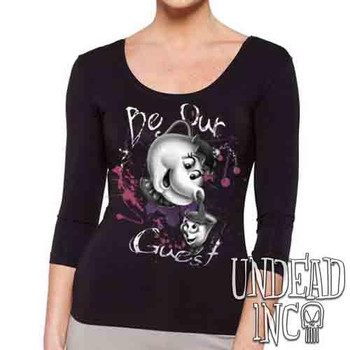 Beauty and the Beast Mrs Potts and Chip "Be our guest" Black & Grey - Ladies 3/4 Long Sleeve Tee