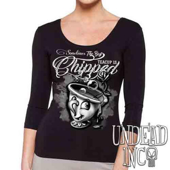 Beauty and the Beast Chip Teacup Black & Grey - Ladies 3/4 Long Sleeve Tee