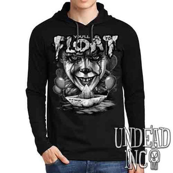 IT Pennywise You'll Float Too Black & Grey - Mens Long Sleeve Hooded Shirt