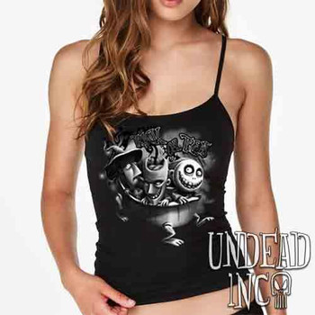 Nightmare Before Christmas Lock Shock Barrel Trick or Treat Black & Grey - Petite Slim Fit Tank