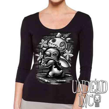 Stitch Crayon Graffiti Black & Grey - Ladies 3/4 Long Sleeve Tee