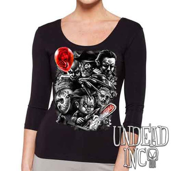 Horror Icons V1 Black & Grey - Ladies 3/4 Long Sleeve Tee