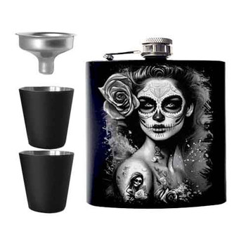 Day Of The Dead Black & Grey Woman Undead Inc Hip Flask Set