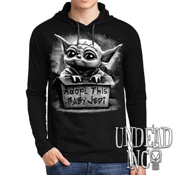 Grogu Adopt Me Black & Grey - Mens Long Sleeve Hooded Shirt