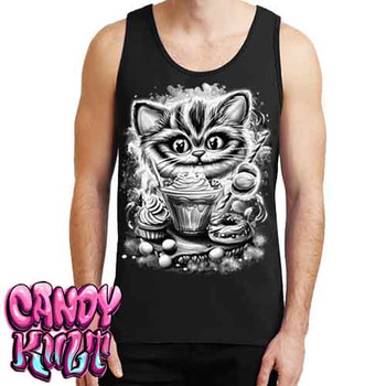 Cheshire Cat Tea Party Black & Grey - Mens Tank Singlet