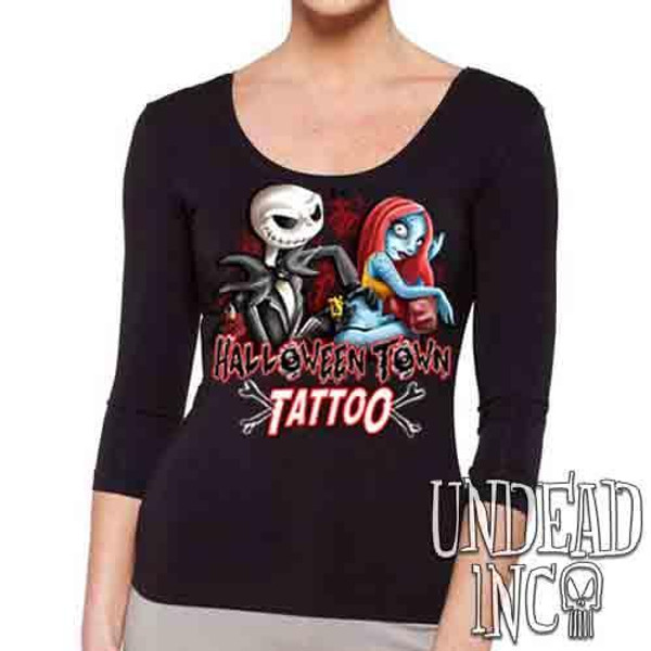 Jack and Sally Halloween Town Tattoo Nightmare Before Christmas  Ladies T  Shirt Black Grey