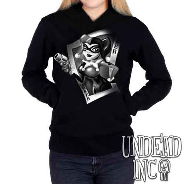 Joker Card Harley Quinn Black & Grey - Ladies / Juniors Fleece Hoodie