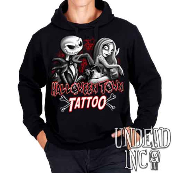 Jack and Sally Halloween Town Tattoo Black & Grey - Mens / Unisex Fleece Hoodie