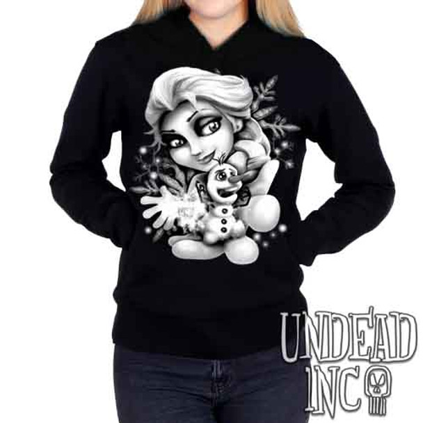 Olaf & Elsa Wona Build A Snowman? Black & Grey - Ladies / Juniors Fleece Hoodie