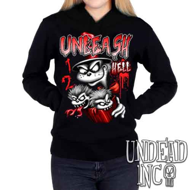 Cat In The Hat Unleash Hell Black & Grey - Ladies / Juniors Fleece Hoodie