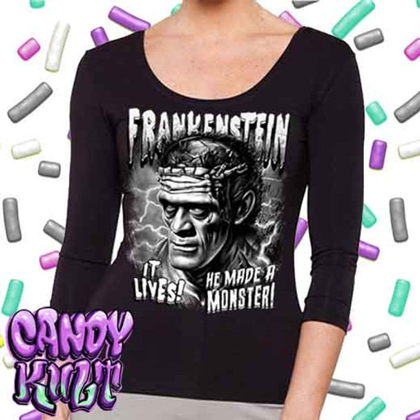 Frankenstein Fright Candy Black & Grey - Ladies 3/4 Long Sleeve Tee