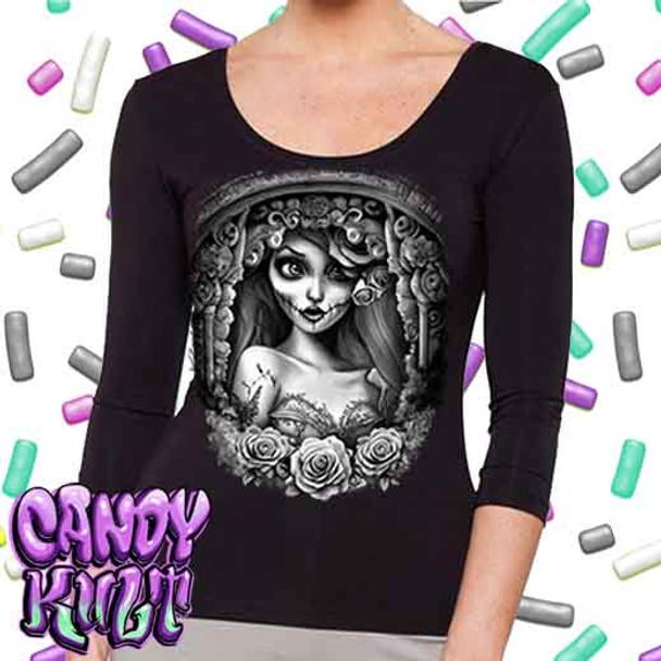 Corpse Bride Waiting For You Fright Candy Black & Grey - Ladies 3/4 Long Sleeve Tee