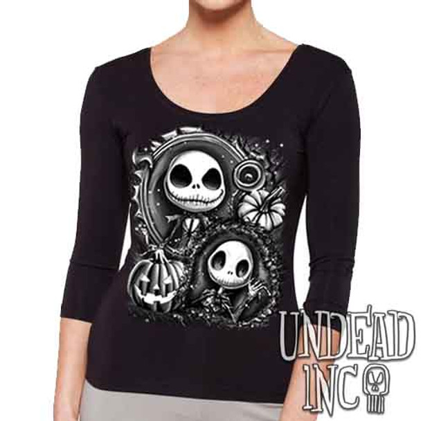 Jack Skellington Pumpkin Patch Black & Grey - Ladies 3/4 Long Sleeve Tee