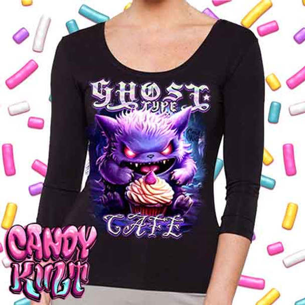 Ghost Type Cafe Cupcake Candy Toons - Ladies 3/4 Long Sleeve Tee
