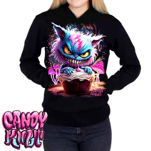 Cheshire Cat Wonderland Haunted By Cupcakes - Ladies / Juniors Fleece Hoodie