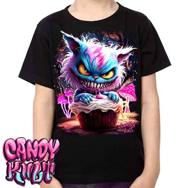 Cheshire Cat Wonderland Haunted By Cupcakes - Kids Unisex Girls and Boys T shirt